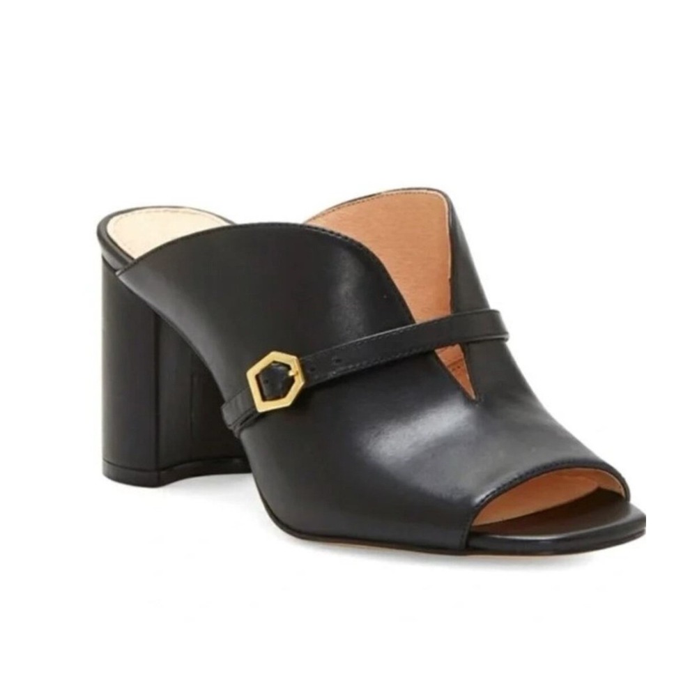 Louise et Cie Kimba Black Leather Block Heel Mules Gold Buckle Open Toe 9M